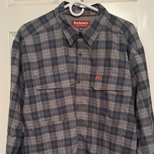 Simms Men's Gray and Blue Plaid Button Down Shirt